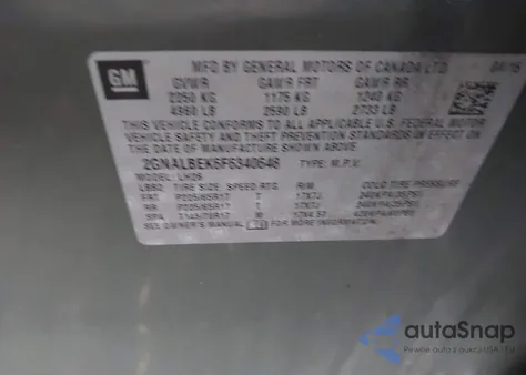 2015 Chevrolet Equinox 1Lt from USA, damaged, VIN 2GNALBEK6F6340648